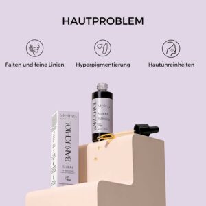 Produktbild von einem Serum, dass auf einer Treppe platziert ist mit Anwendungsgebieten beschrieben