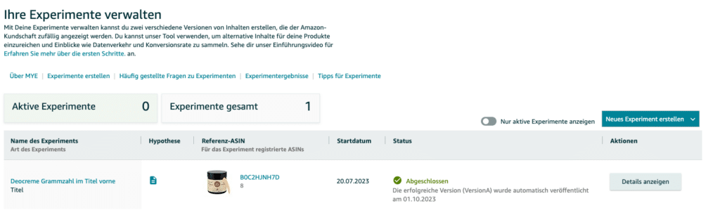 Übersicht der Experimente im Amazon Seller Central