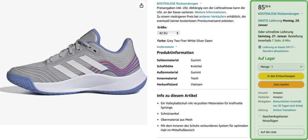 Die Amazon Buy Box mit dem Einkaufswagen-Feld und dem Jetz-kaufen-Button