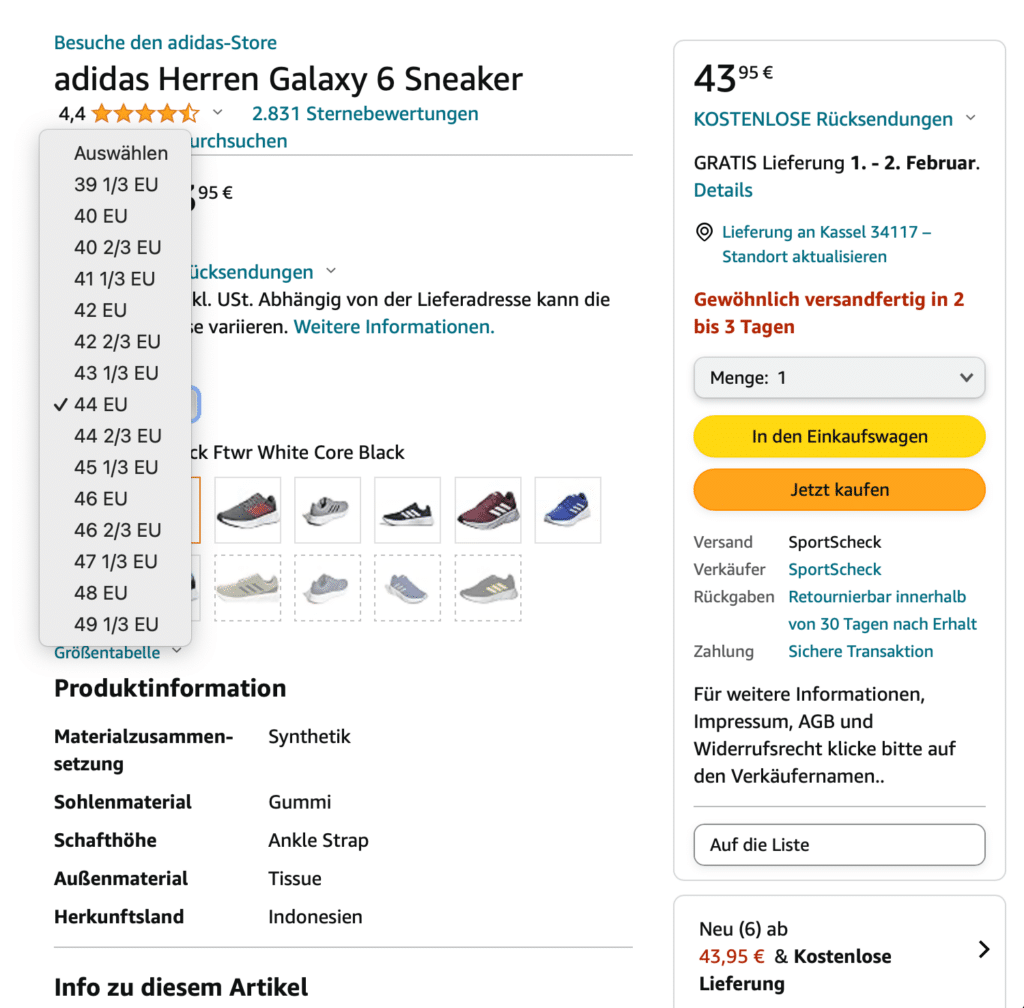 Für Artikel mit unterschiedlichen Ausprägungen wie Größe kann die Buybox auch an verschiedene Anbieter gehen